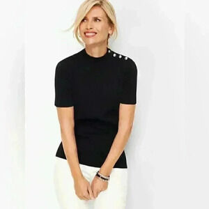 BNWT Talbots Mock Crew Top in Black with 3 Diamond Style Buttons on Shoulder